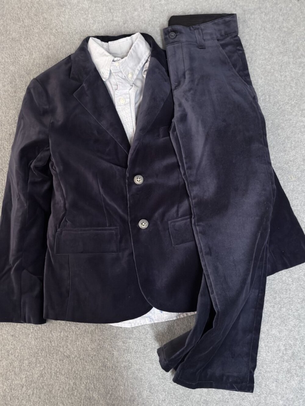 Janie and Jack Boys Navy Cotton Velvet 3pc Suit Blazer Pants Shirt Sz 7 Holiday